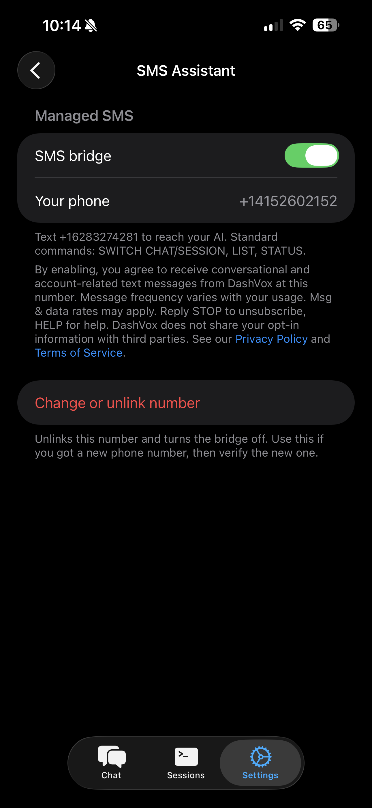 DashVox SMS Assistant Managed SMS screen with the SMS bridge toggle turned on, the verified phone number shown, and the consent disclosure including that DashVox does not share your opt-in information with third parties.